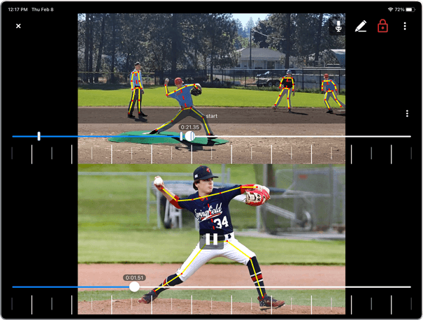 CoachView video comparison screenshot with two baseball player poses.